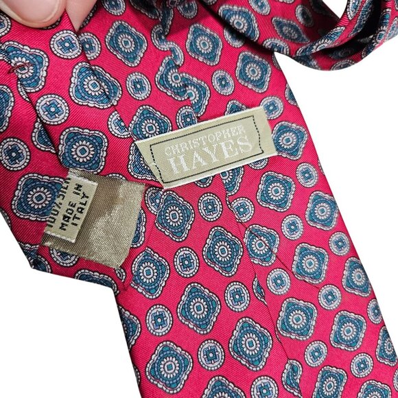 Christopher Hayes Vintage Red & Blue Patterned Silk Tie Made In Italy Medallion - Picture 2 of 5